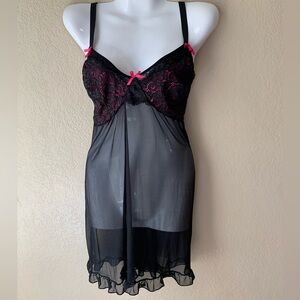 Dreamwear Sexy Coquette Black Pink Lace Tie Back Lingerie Slip Dress Size 1X